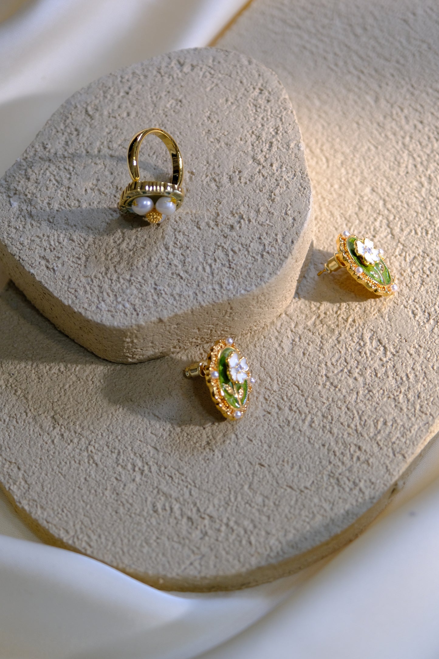 Tuscany SIENA Oil Painting Real Pearl 18K Golden Green Ring