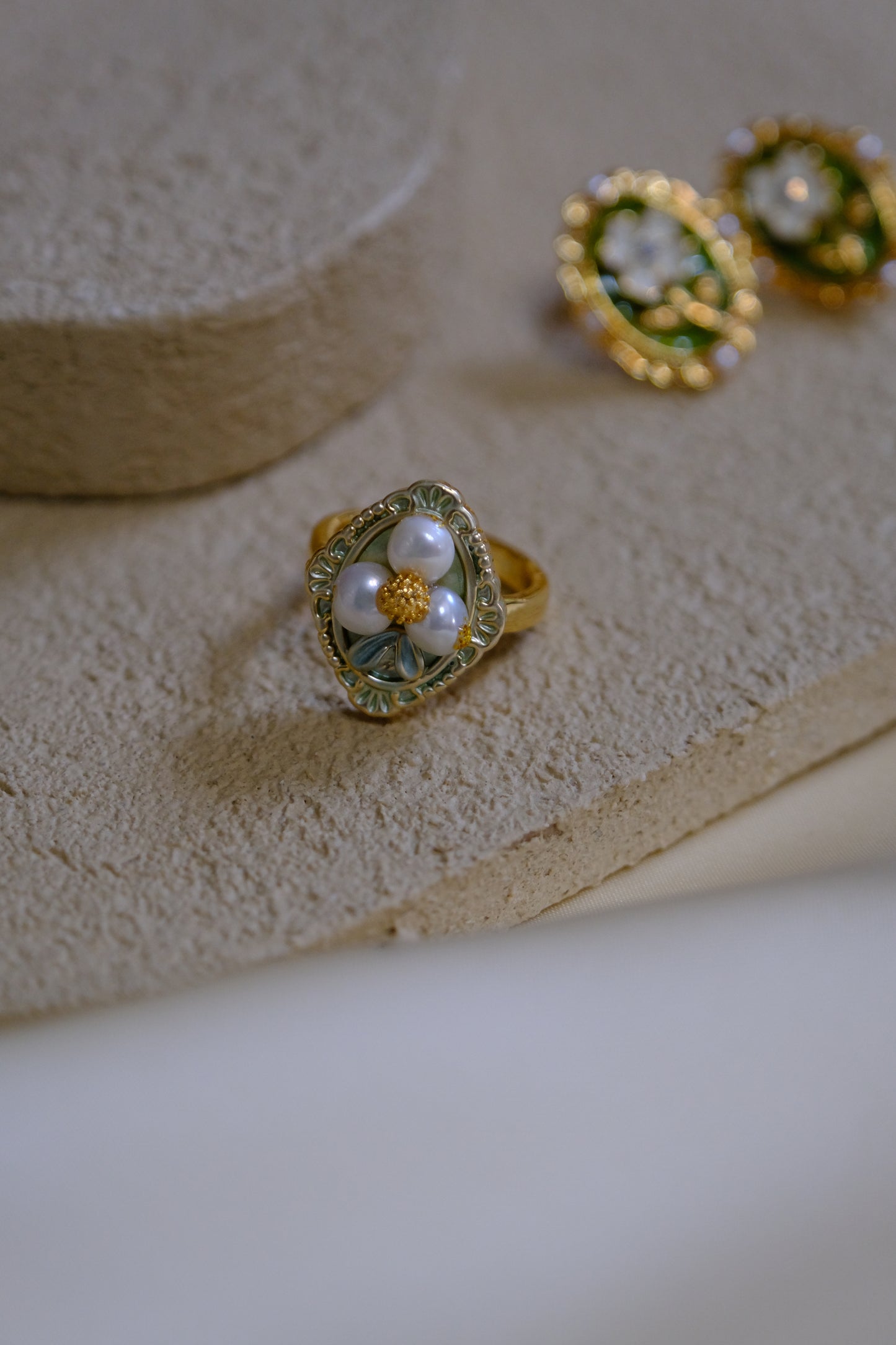 Tuscany SIENA Oil Painting Real Pearl 18K Golden Green Ring