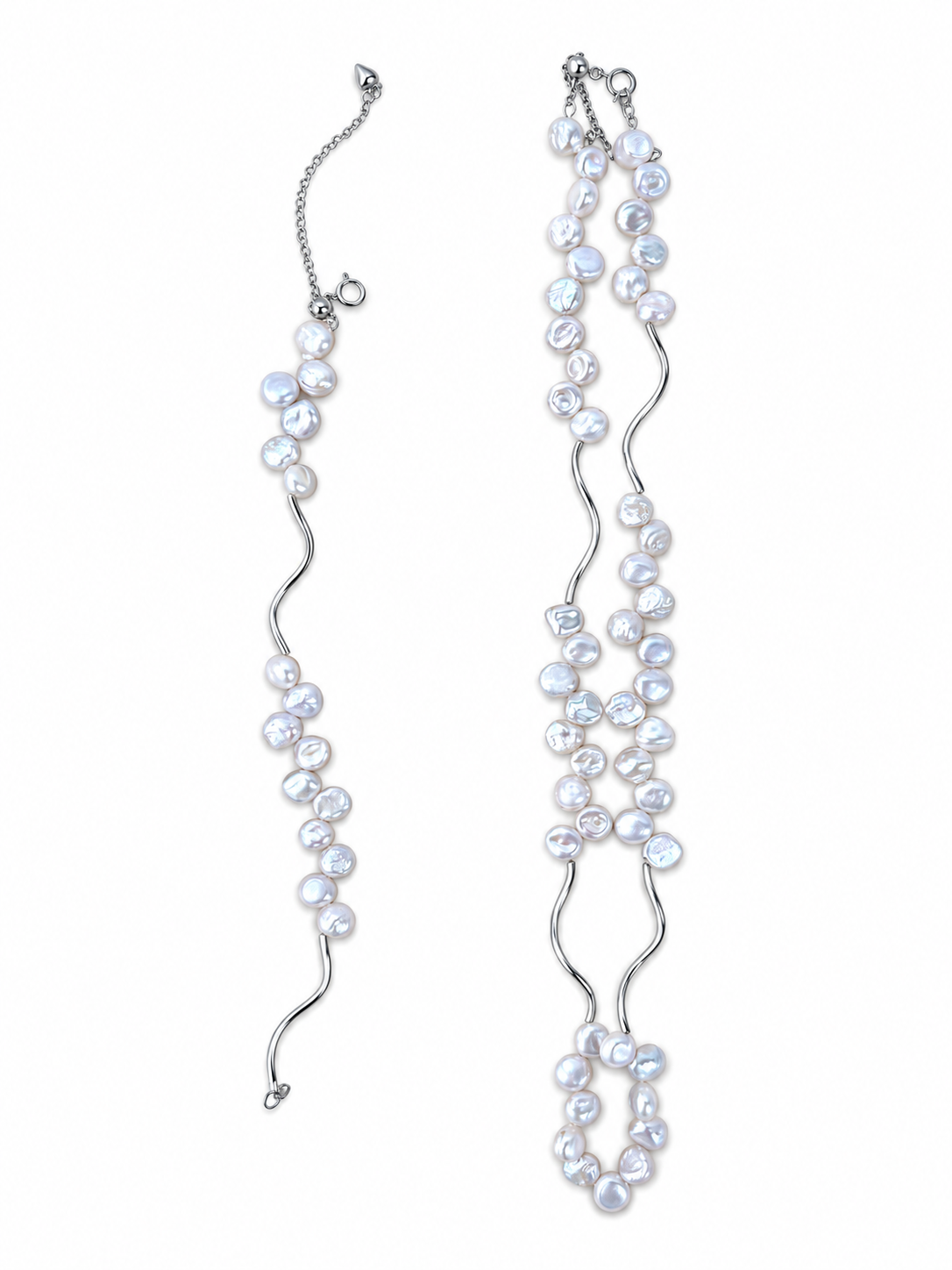 Natural Pearl 925 Silver Curve Bracelet and Set | PARIS