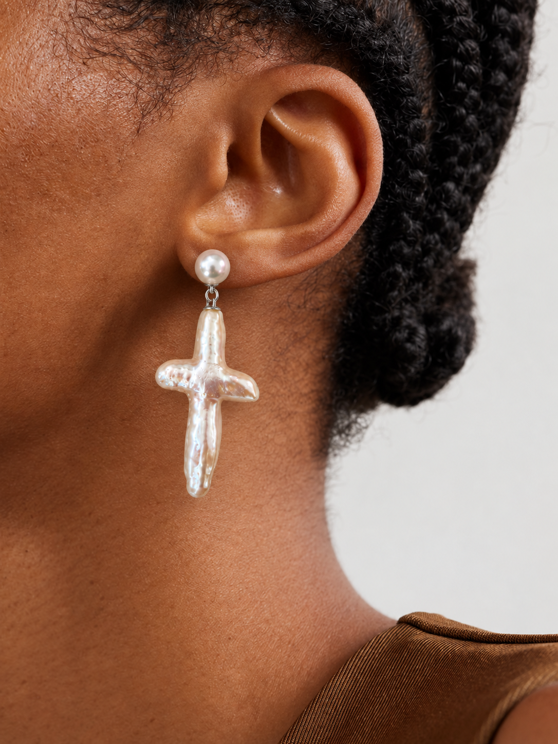 Cross-Shaped Natural Pearl Drop Earrings in 925 Sterling Silver | HIKARI