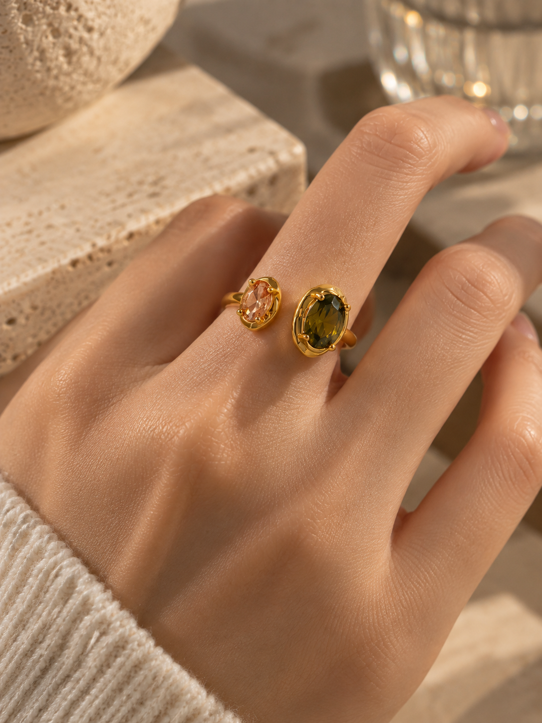 JARDIN SOLAIRE — Olive Green & Rose Pink Two-Stone Ring